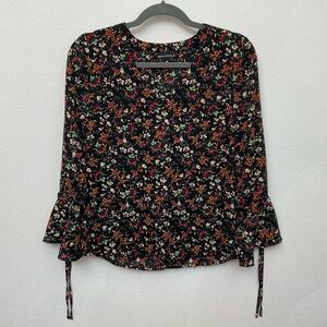 J. Crew Mercantile Black, Red Floral Print V-Neck Tie Sleeve Blouse Size 00